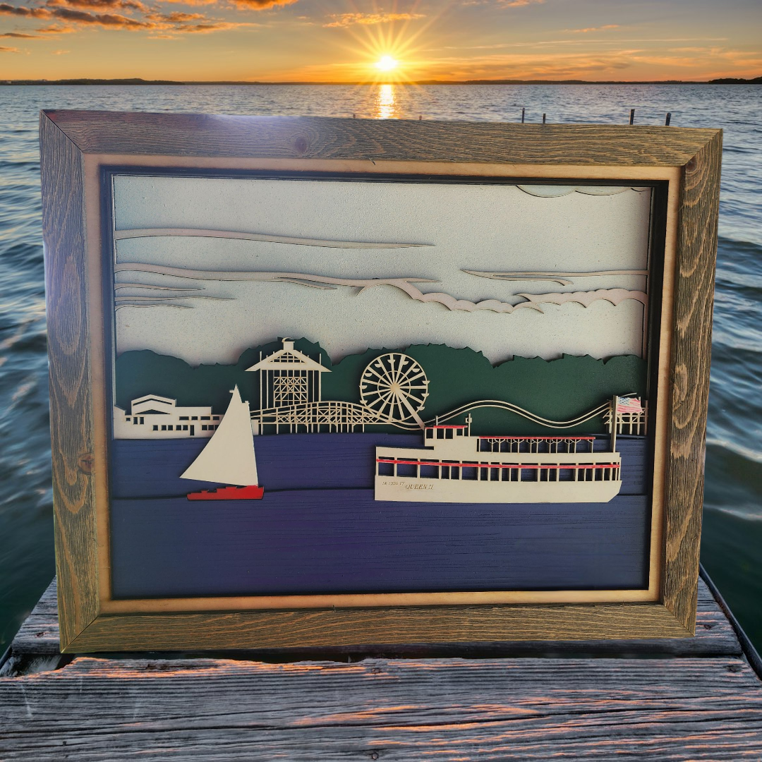 3D Laser Cut Arnold's Park & Queen II Diorama | Baltic Birch Wood Art | West Lake Okoboji- Large