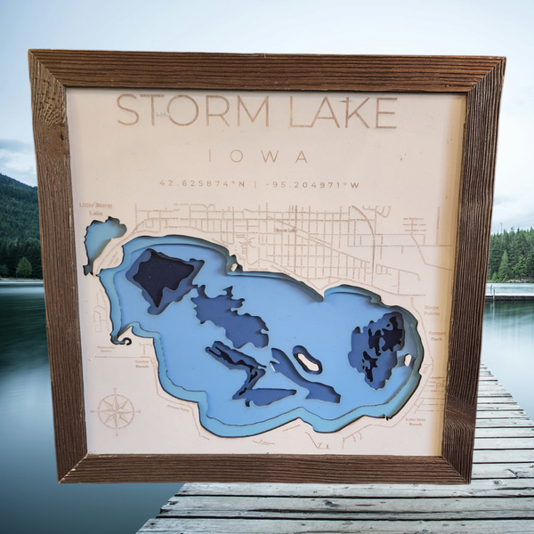 Storm Lake 3D Laser Cut Bathymetric Lake map - Gift - Lake Life - 16x16.5 - Baltic Birch
