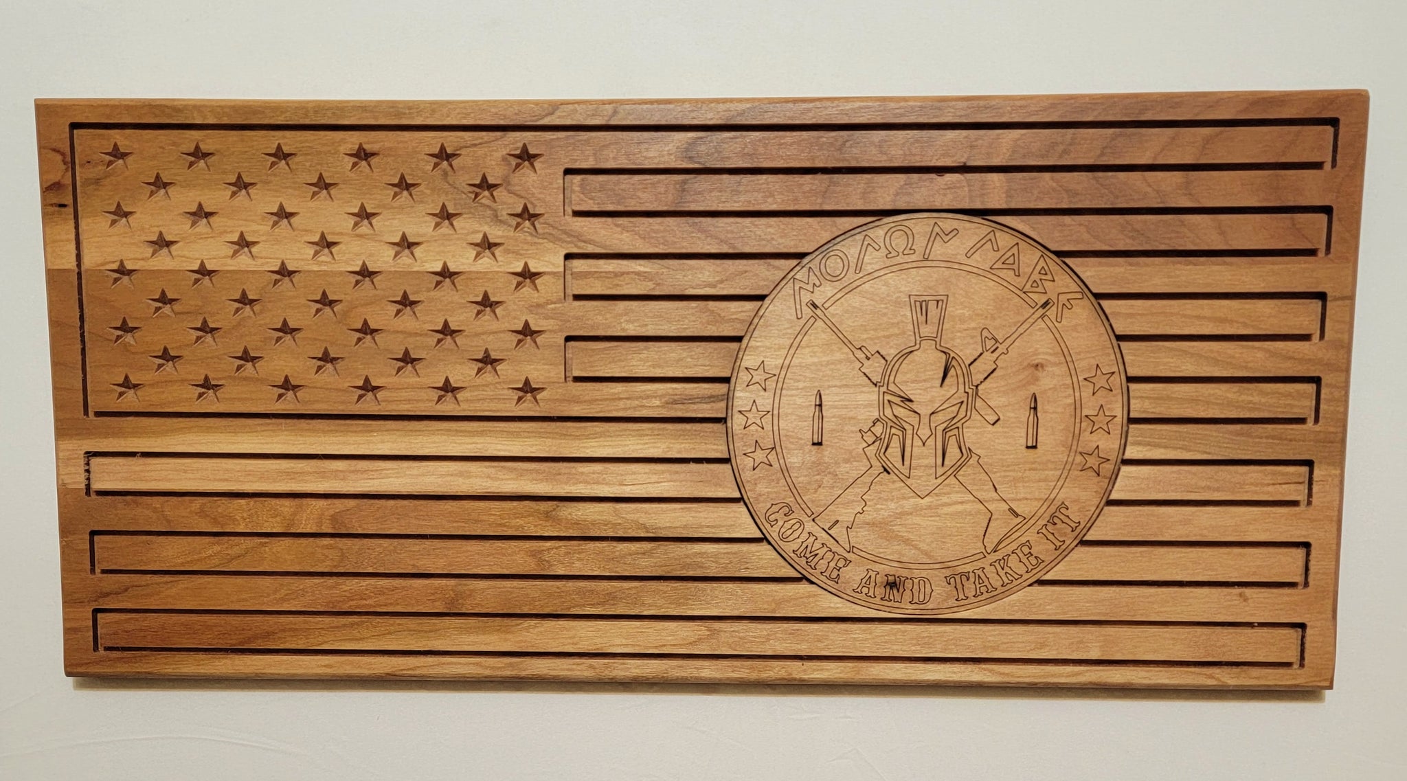 Carved and Laser Engraved Molon Labe Flag