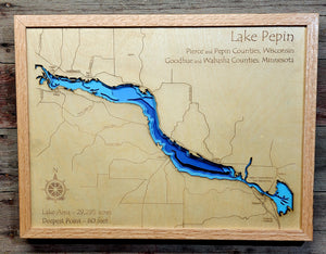 3D Laser Cut Bathymetric Lake Map of Lake Pepin15.5x20.5  - Gift - Lake Pepin Decor
