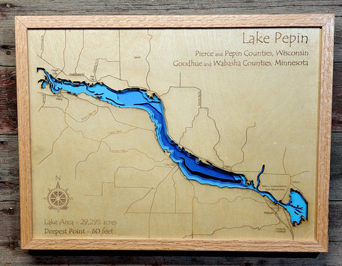 3D Laser Cut Bathymetric Lake Map of Lake Pepin15.5x20.5  - Gift - Lake Pepin Decor