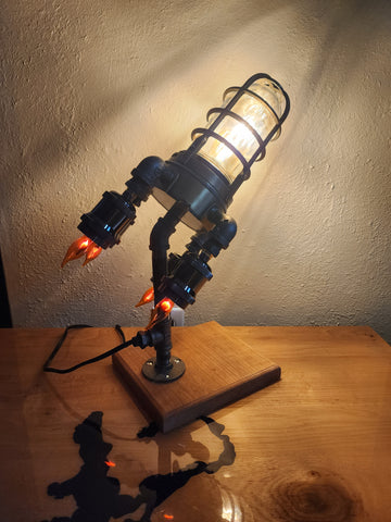 Steampunk Rocket Lamp  - Cherry Wood Base - Steampunk - Unique Gift Idea