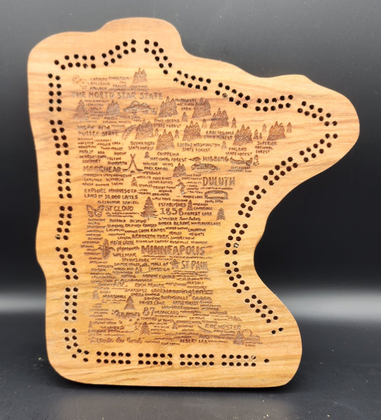 Cherry Minnesota Cribbage Board with Points of Interest and peg Storage