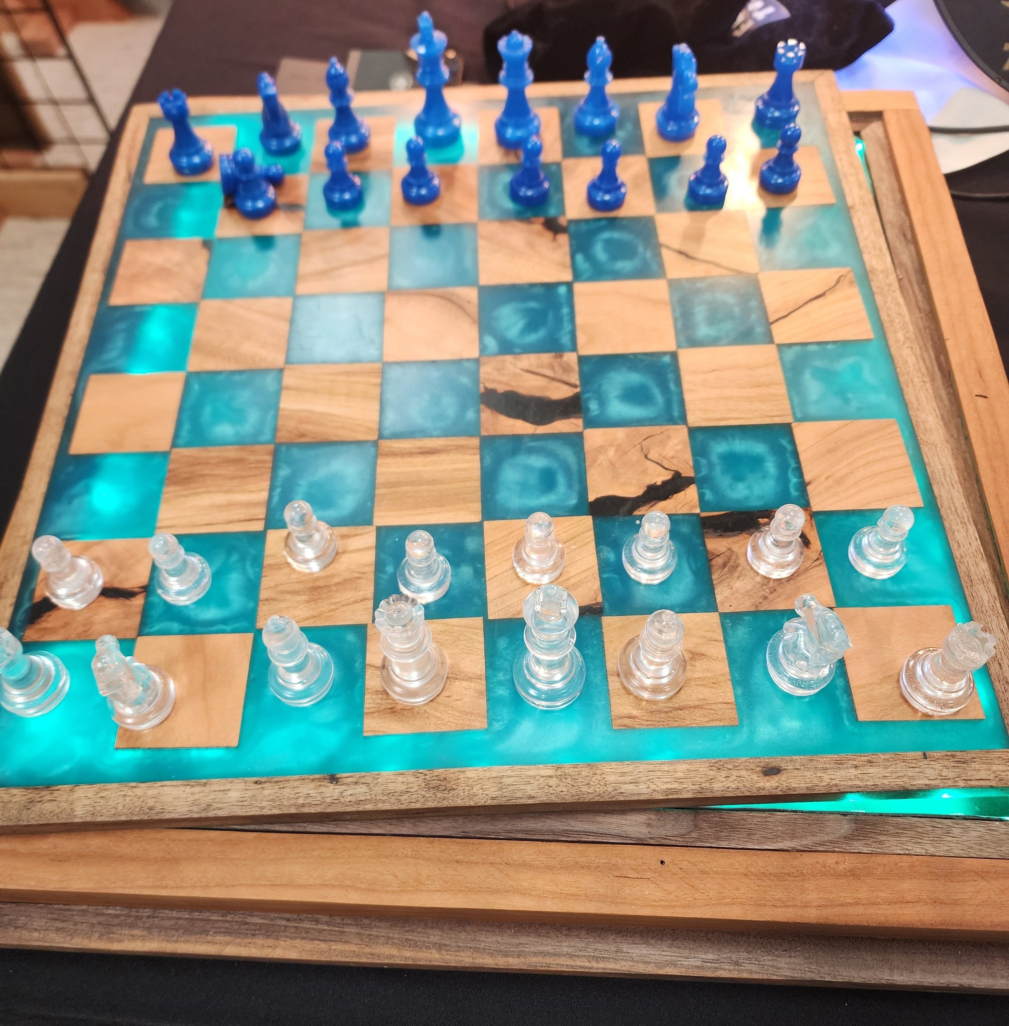 Backlit Cherry and Emerald Green Epoxy Chess Board