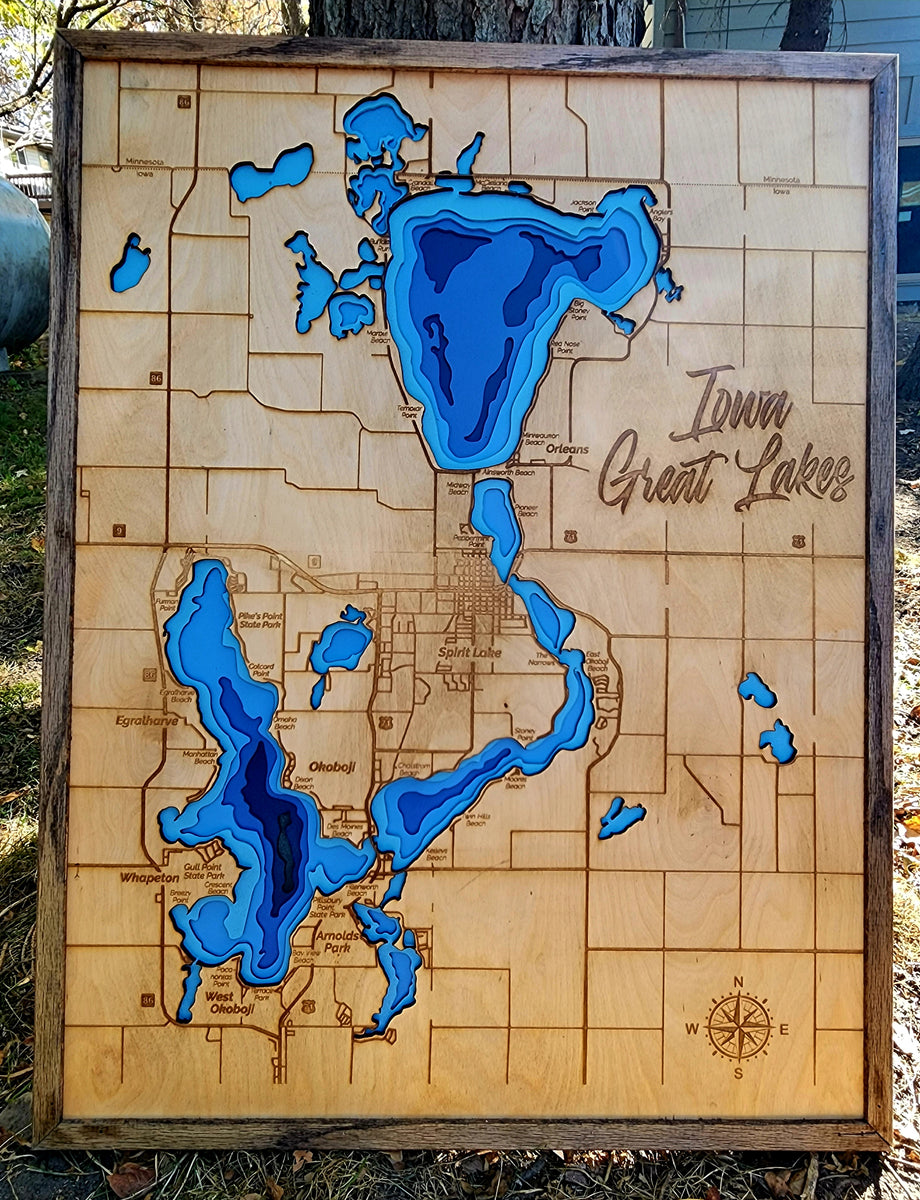 Okoboji Contour Map Iowa Great Lakes Depth Map Natural Wood Big Spirit