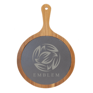 Round Acacia Wood/Slate Serving Board with Handle - 8 1/4" x 12 1/4 - Customizable - Gift - Personalize