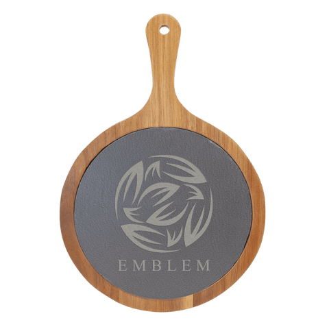 Round Acacia Wood/Slate Serving Board with Handle - 8 1/4" x 12 1/4 - Customizable - Gift - Personalize