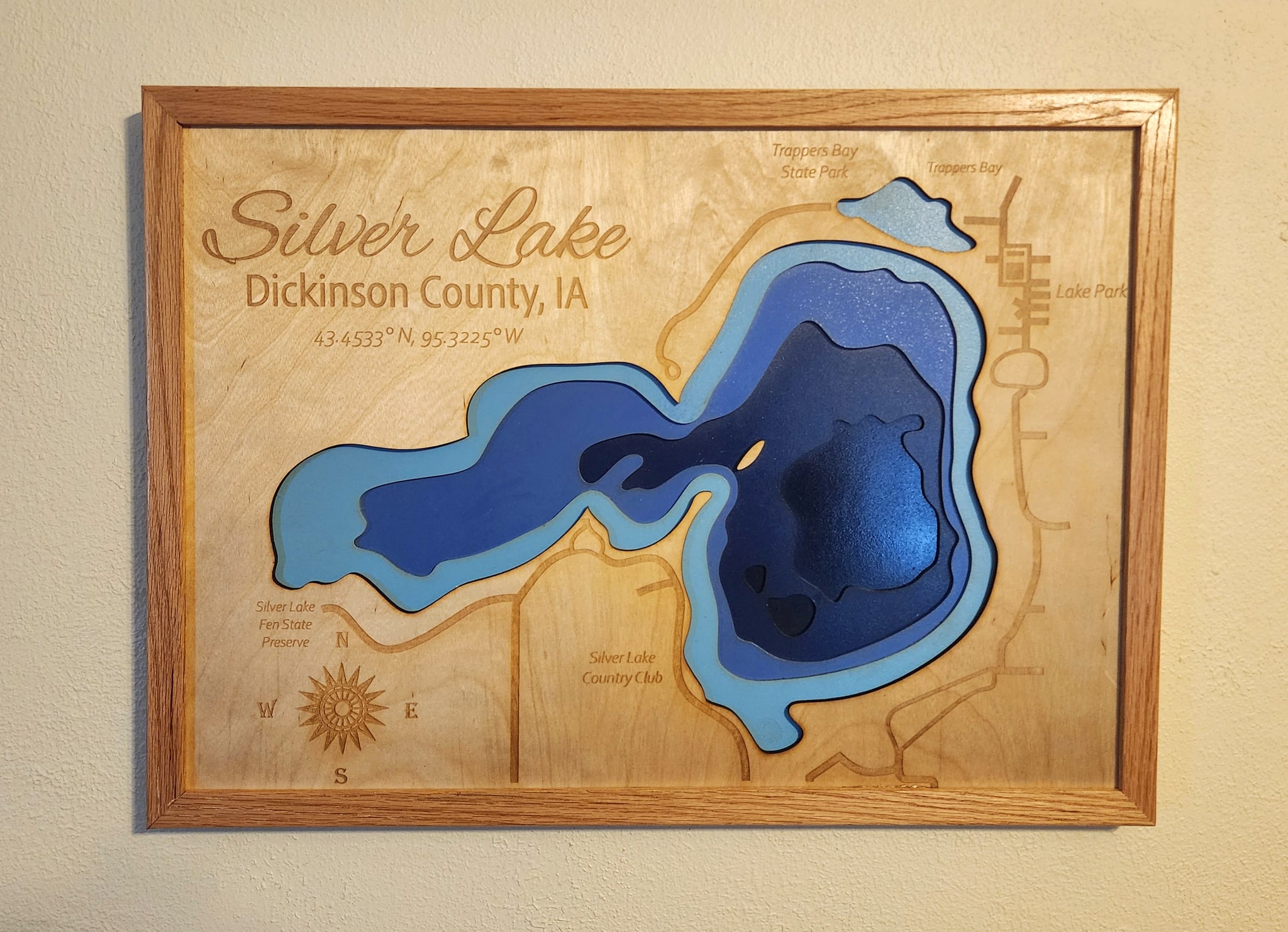 3D Laser Cut Bathymetric Lake Map of Silver Lake 21x15 - Gift - Silver Lake, Iowa Decor