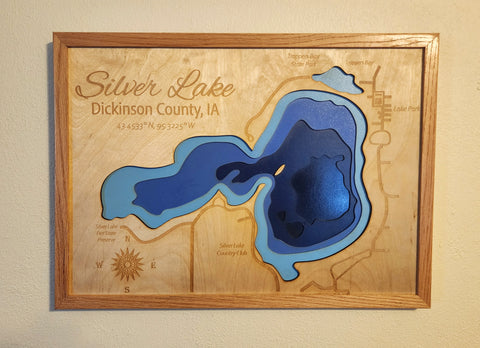 3D Laser Cut Bathymetric Lake Map of Silver Lake 21x15 - Gift - Silver Lake, Iowa Decor