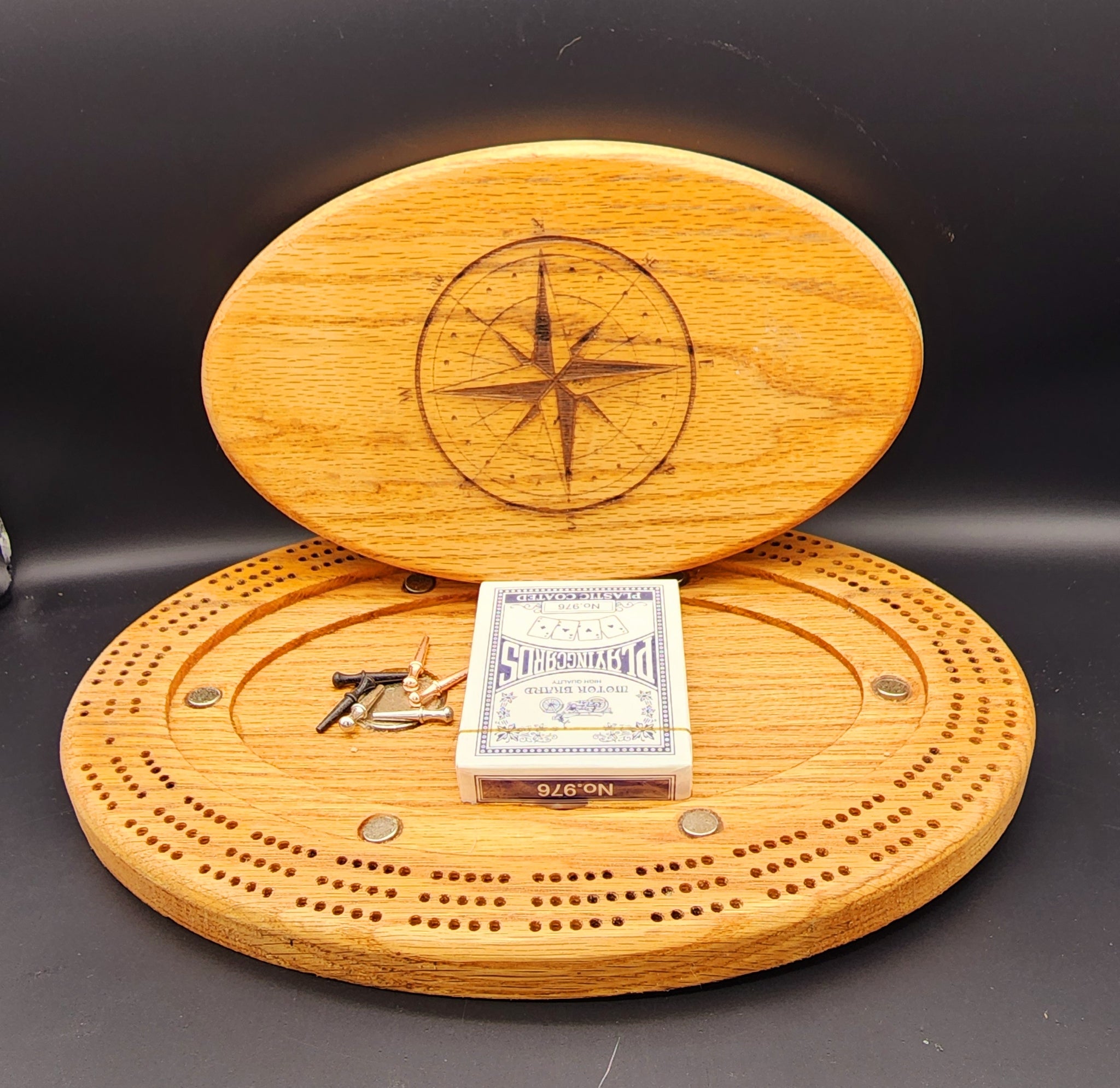 Oak Compass Rose Engraved Cribbage Board