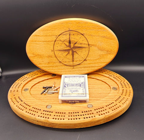 Oak Compass Rose Engraved Cribbage Board